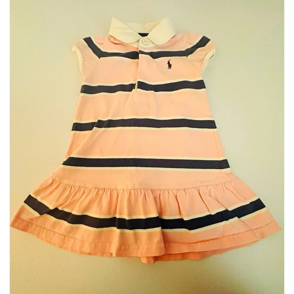Ralph Lauren Girls 18M Pink/Navy Striped Polo Dress & Bloomers Set